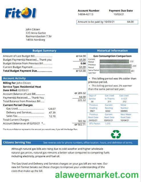 Sweden Fitol gas utility bill template in Word and PDF format